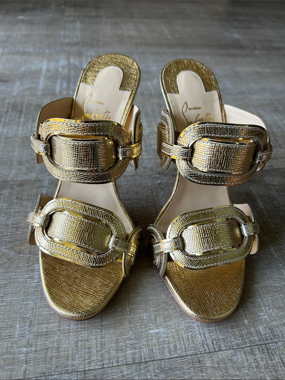 Rare Christian Louboutin Balistra 100 Lamé Specchio Gold Slides 37.5 Unworn - Picture 2 of 16